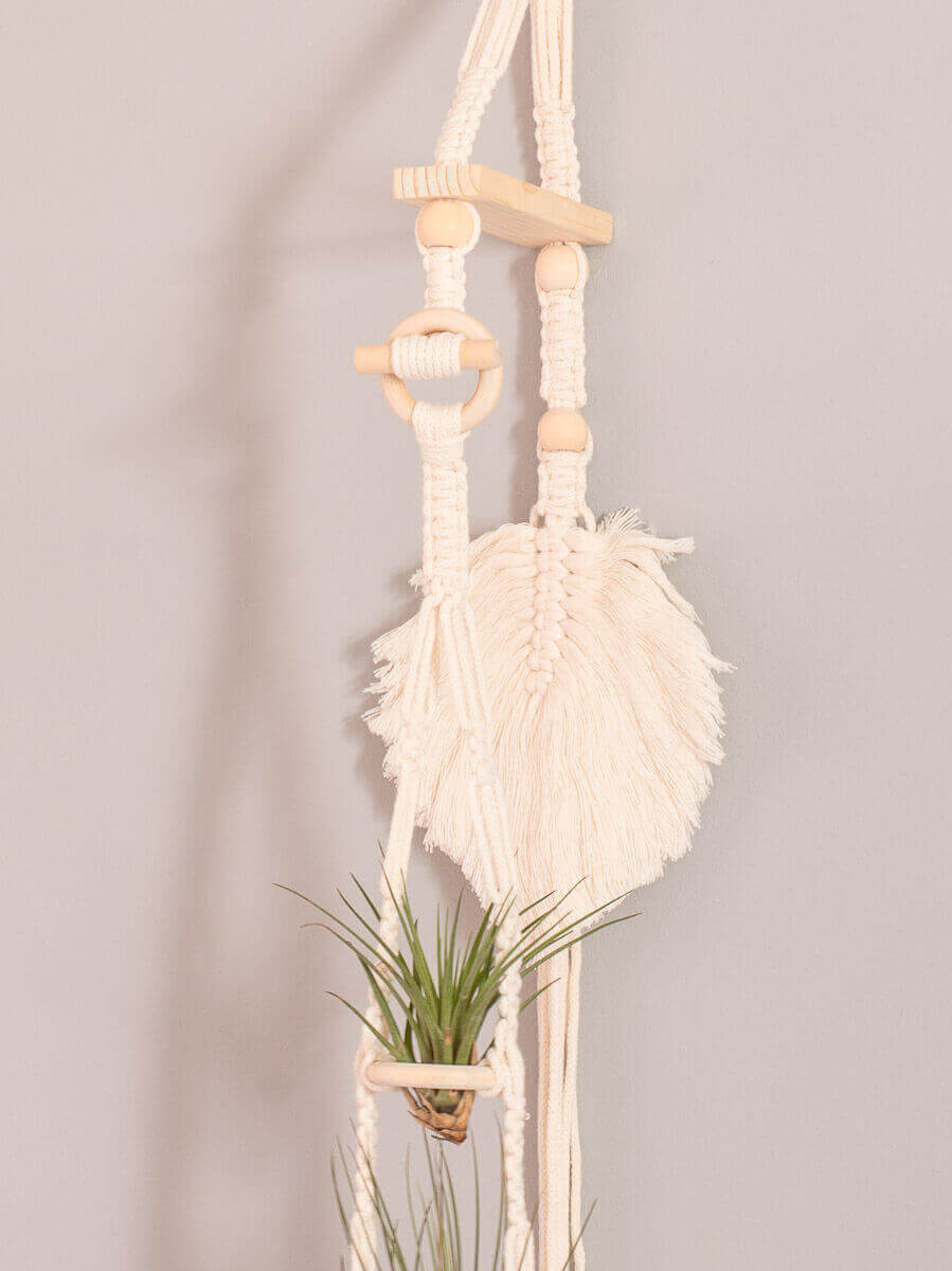 Macrame 3 Tier Air Plant Hanger Close up Natural