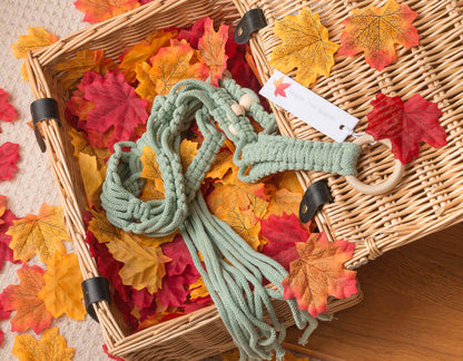 Mint green macrame plant hanger on woven basket surrounded by colorful autumn leaves