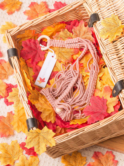 Stylish macrame plant hanger in a wicker basket surrounded by autumn leaves