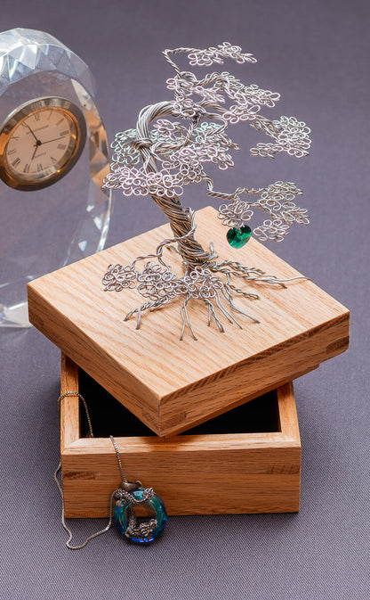 Stainless steel memorial tree with solid oak box, lined with black velour and crystal heart gem