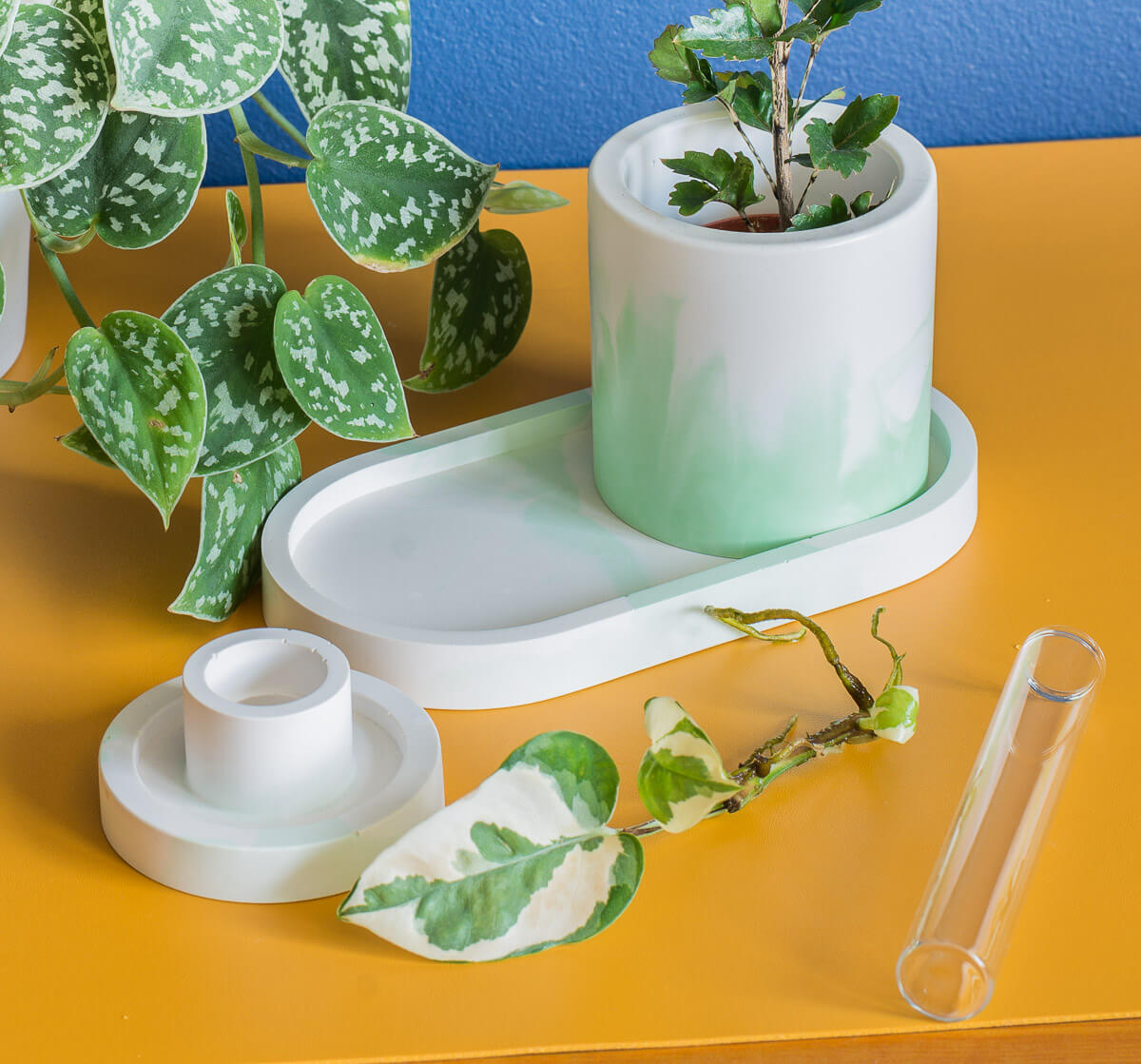 Resin plant pot with propagation station and tray